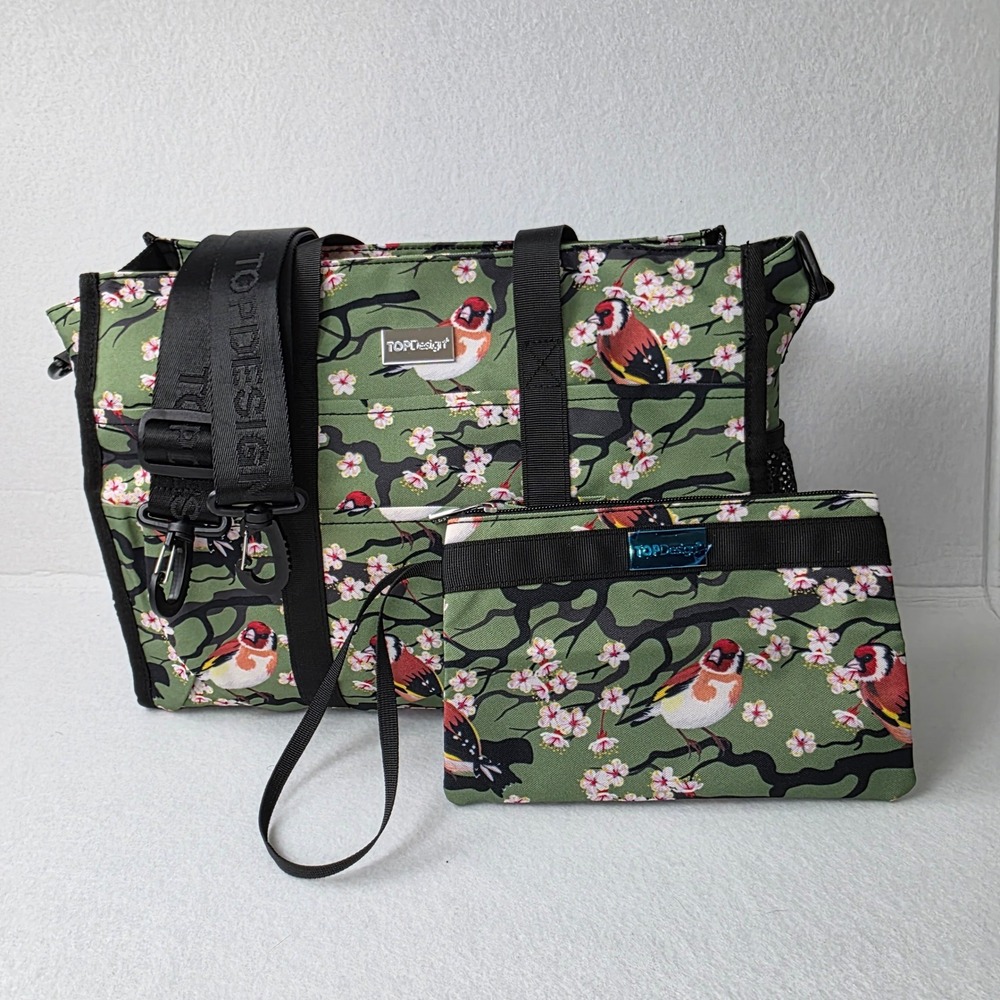 TOPDesign Bird Floral Tote Bag and Wristlet Set Green Cherry Blossom Crossbody